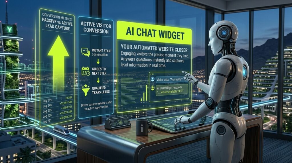 Sleek AI robot facing left and interacting with holographic website conversion metrics and automated chat widget dashboards against a futuristic Texas skyline.