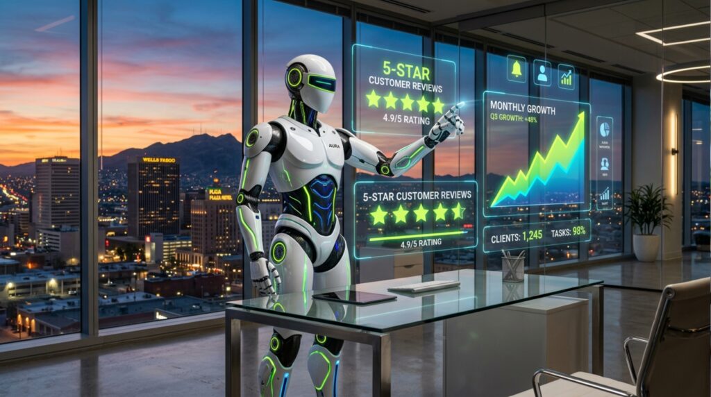 Sleek white AI robot managing holographic screens with 5-star Google reviews and automated reputation management dashboards for a Texas business.
