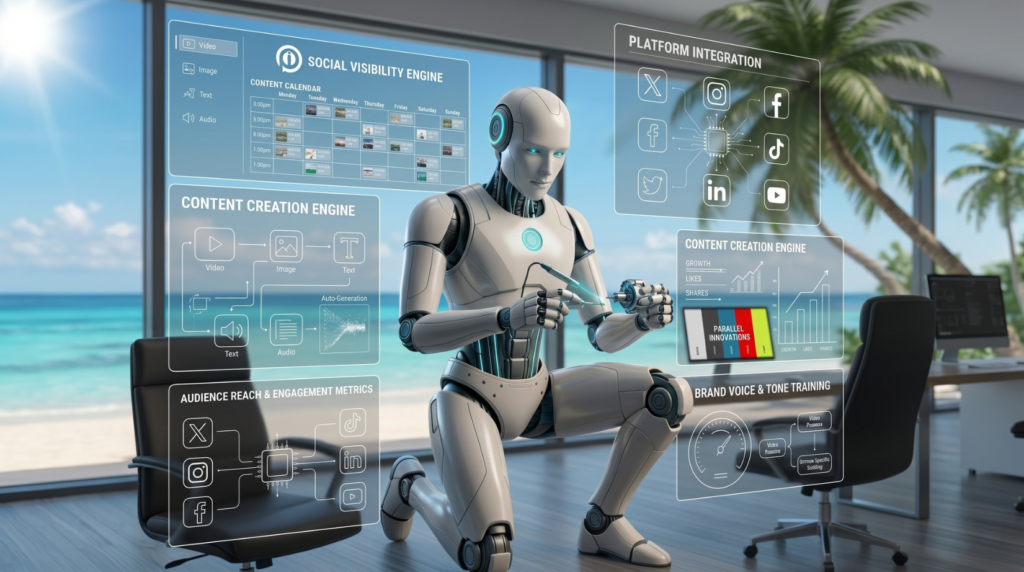 Advanced white AI robot in a bright modern office configuring holographic displays of social media content calendars, audience reach metrics, and brand voice training.