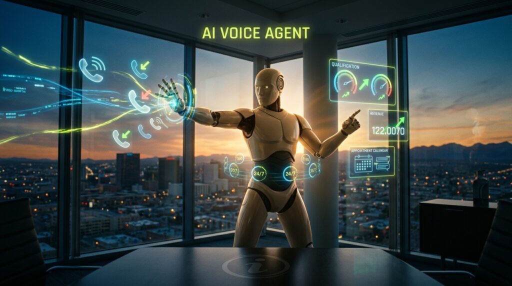 Cinematic AI robot standing powerfully over a Texas skyline while managing holographic screens that answer incoming calls, qualify leads, and book appointments instantly.