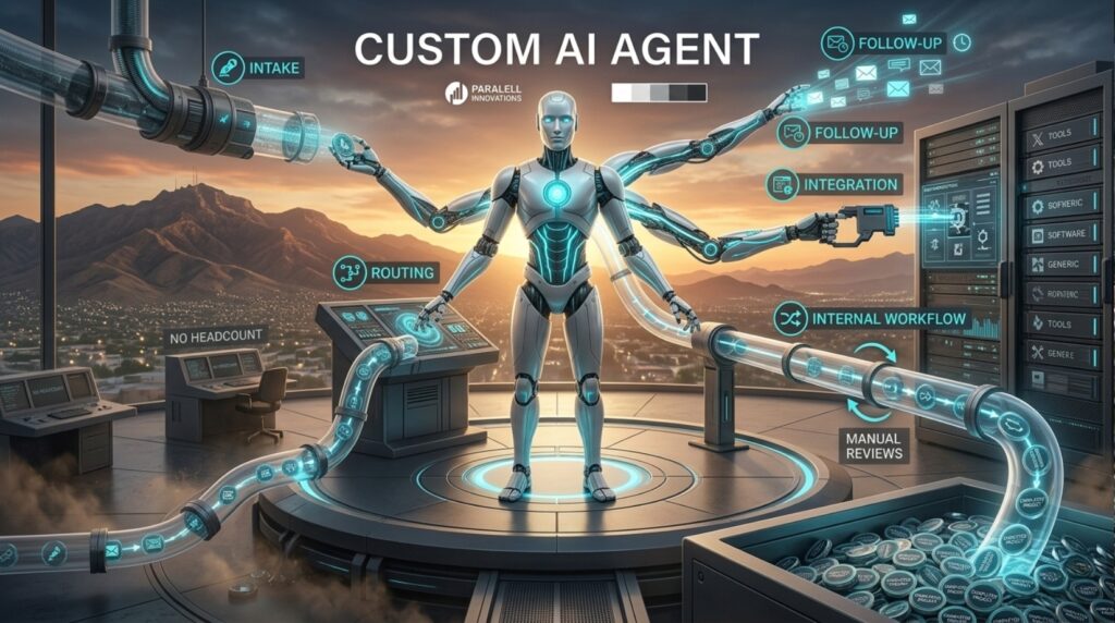 Heroic AI robot with multiple glowing energy arms seamlessly managing complex business workflows like intake, routing, and follow-up against an El Paso mountain sunset.