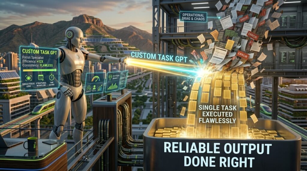 Cinematic view of an AI robot using a glowing beam to organize chaotic paperwork into a flawless digital stream over a futuristic El Paso skyline, featuring the PI logo.