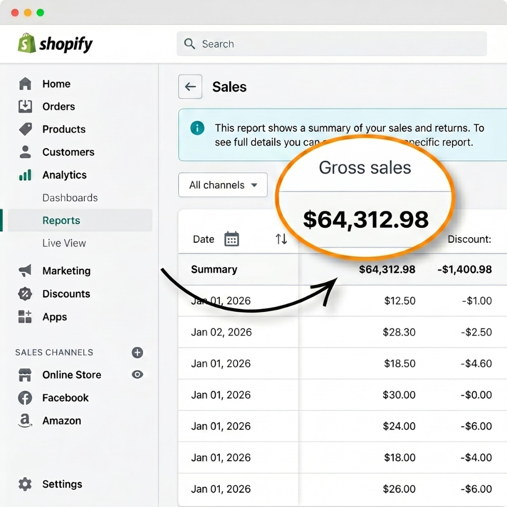 A Shopify sales dashboard showing over 64k in gross sales generated from targeted Meta and Google ad campaigns for an El Paso business.