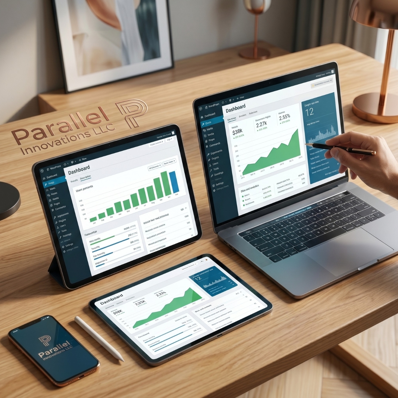 A top down view of a laptop, tablet, and smartphone on a desk, all displaying positive growth analytics and WordPress dashboards for an El Paso business website.
