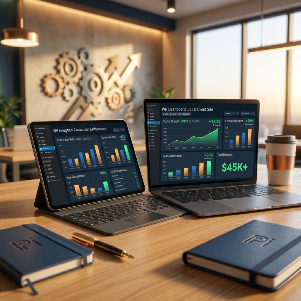 A modern laptop and iPad on a desk displaying positive ROI growth reports from a pre-built WordPress website designed for a local El Paso business.