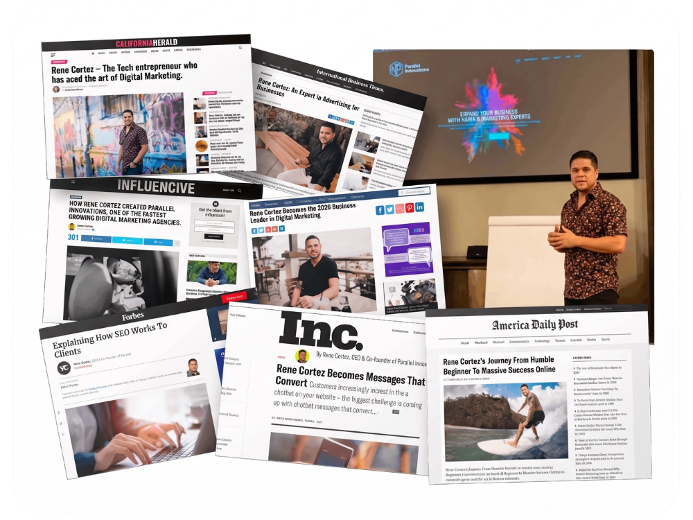Collage of media features and industry recognition for Rene Cortez, CEO of Parallel Innovations, highlighting his expertise in digital marketing and ad management.